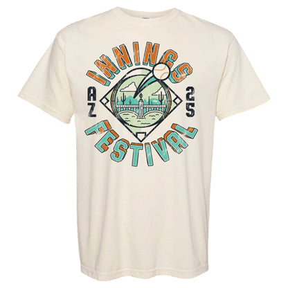 Ivory color Innings Music Festival t-shirt featuring a fusion of Arizona iconography and baseball at the front