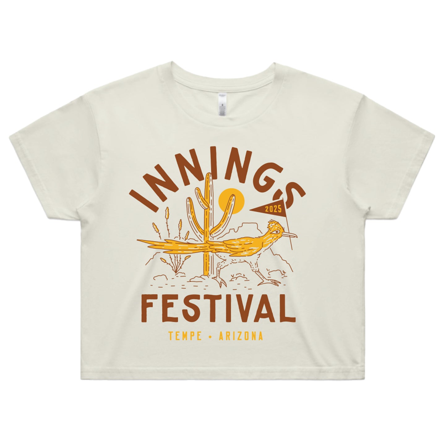 Ecru Innings Music Festival women's cropped t-shirt featuring a roadrunner in the Arizona landscape on the front