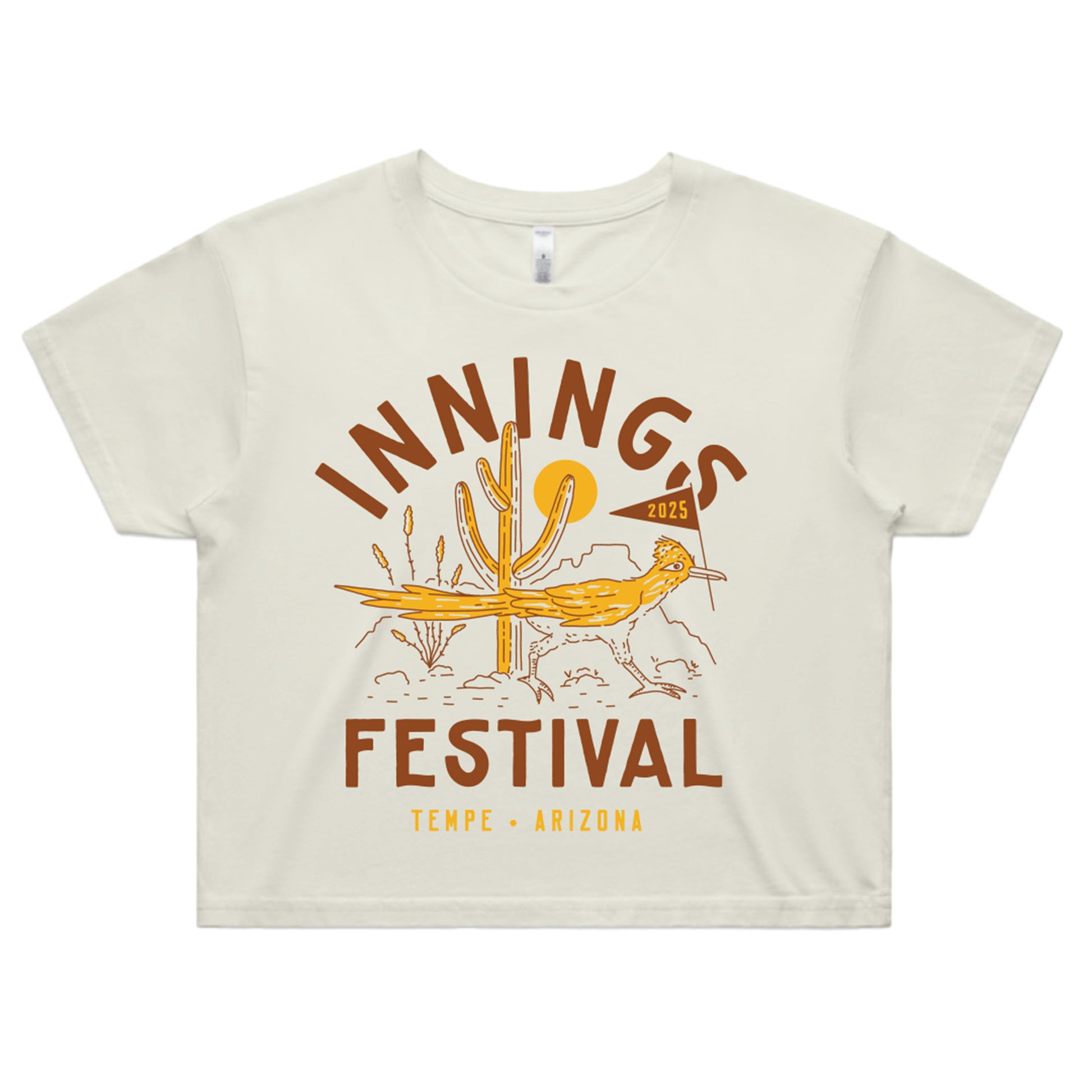 Ecru Innings Music Festival women's cropped t-shirt featuring a roadrunner in the Arizona landscape on the front