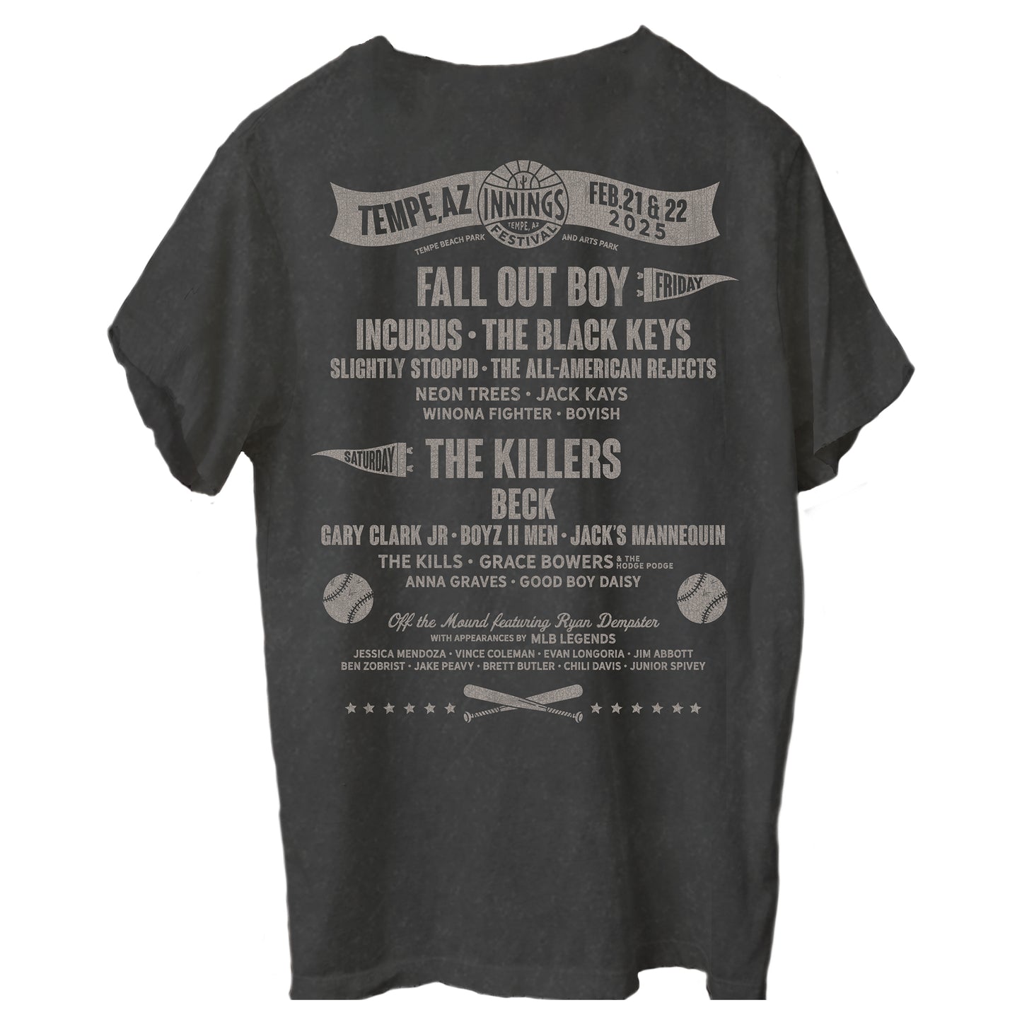 Faded black Innings Music Festival t-shirt featuring the festival lineup on the back