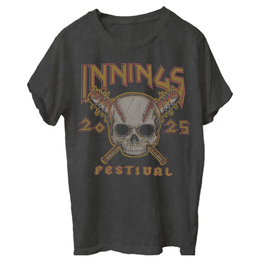 Faded black Innings Music Festival t-shirt featuring a skull and crosses, spiked baseball bats in the front