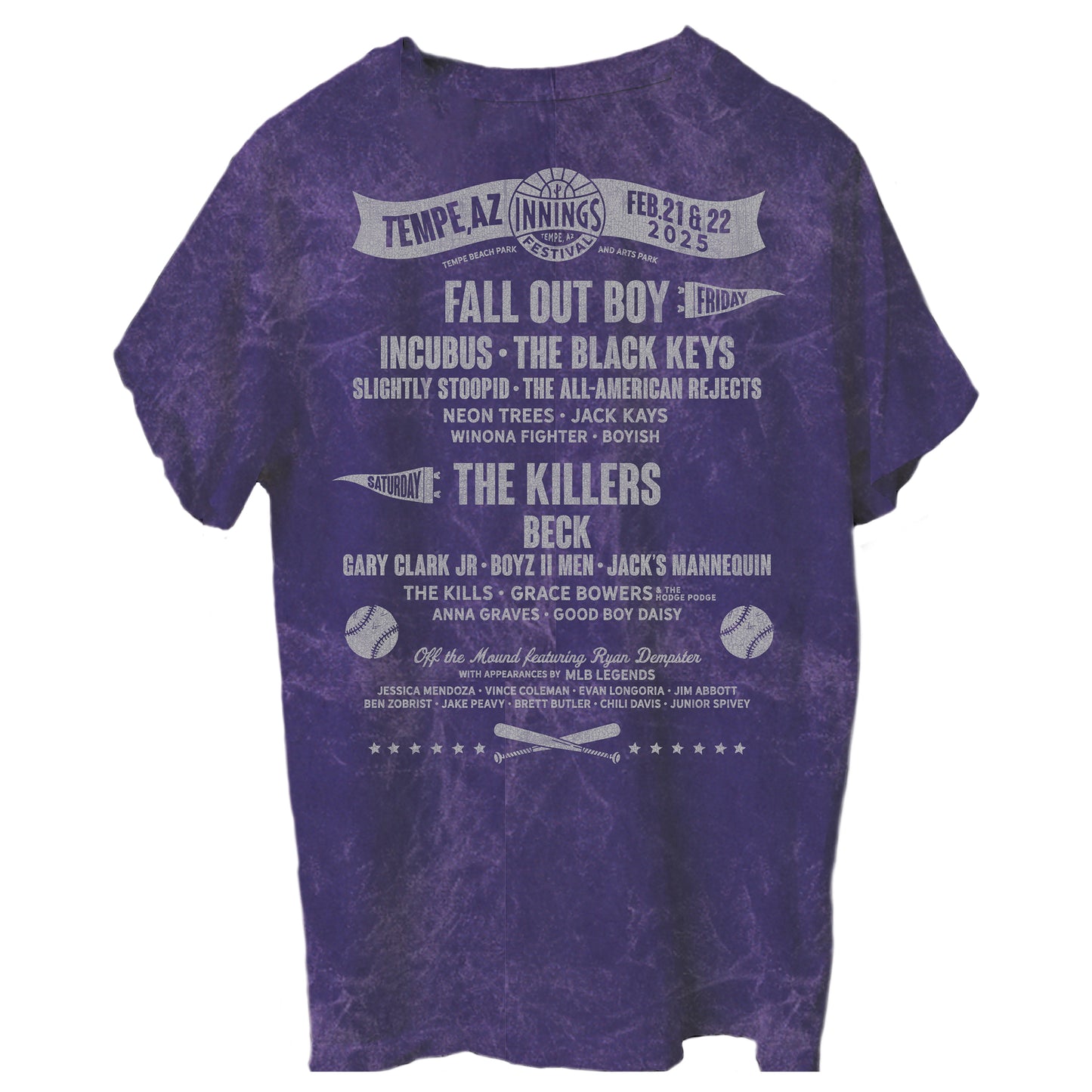 Custom purple tie-dye Innings Music Festival t-shirt featuring the festival lineup on the back