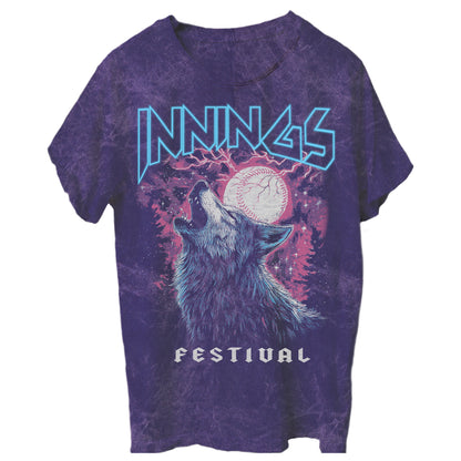 Custom purple tie-dye Innings Music Festival t-shirt featuring a howling wolf and baseball shaped moon on the front